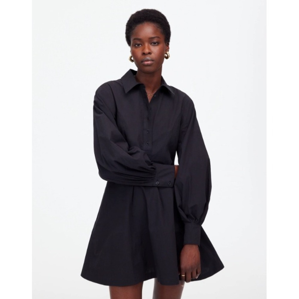 Madewell Dress 8 Black Seamed Long Sleeve Mini Poplin Shirtdress Pockets NV025
